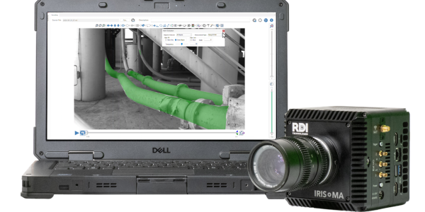 Iris MA camera beside a laptop displaying piping analysis in RDI Technologies software